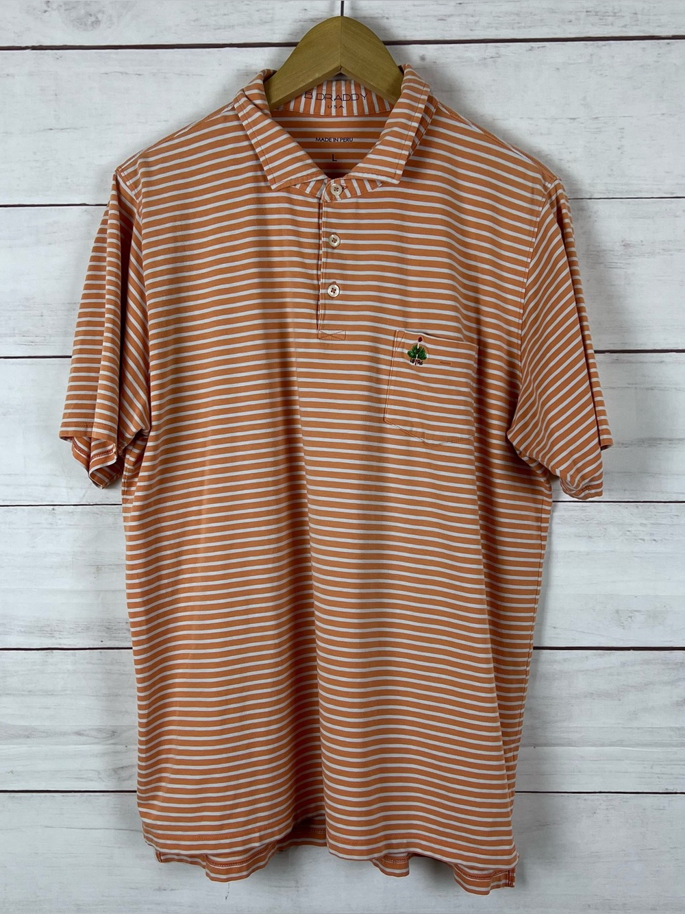 B. DRADDY Merion Golf Club Orange Short Sleeve Polo Shirt Large Striped